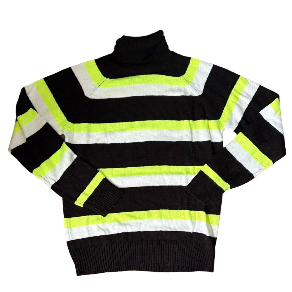 Men's Black and White Striped Turtleneck Sweater with Neon Accents